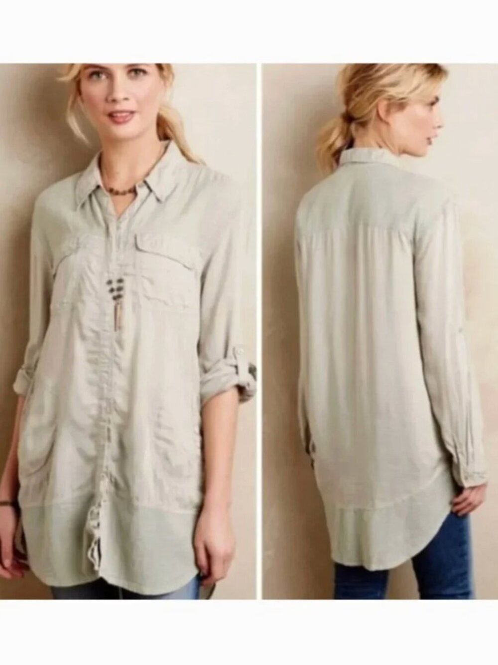 HOLDING HORSES ANTHROPOLOGIE Sunwashed Tunic Top Green Long Sleeve Button Down
